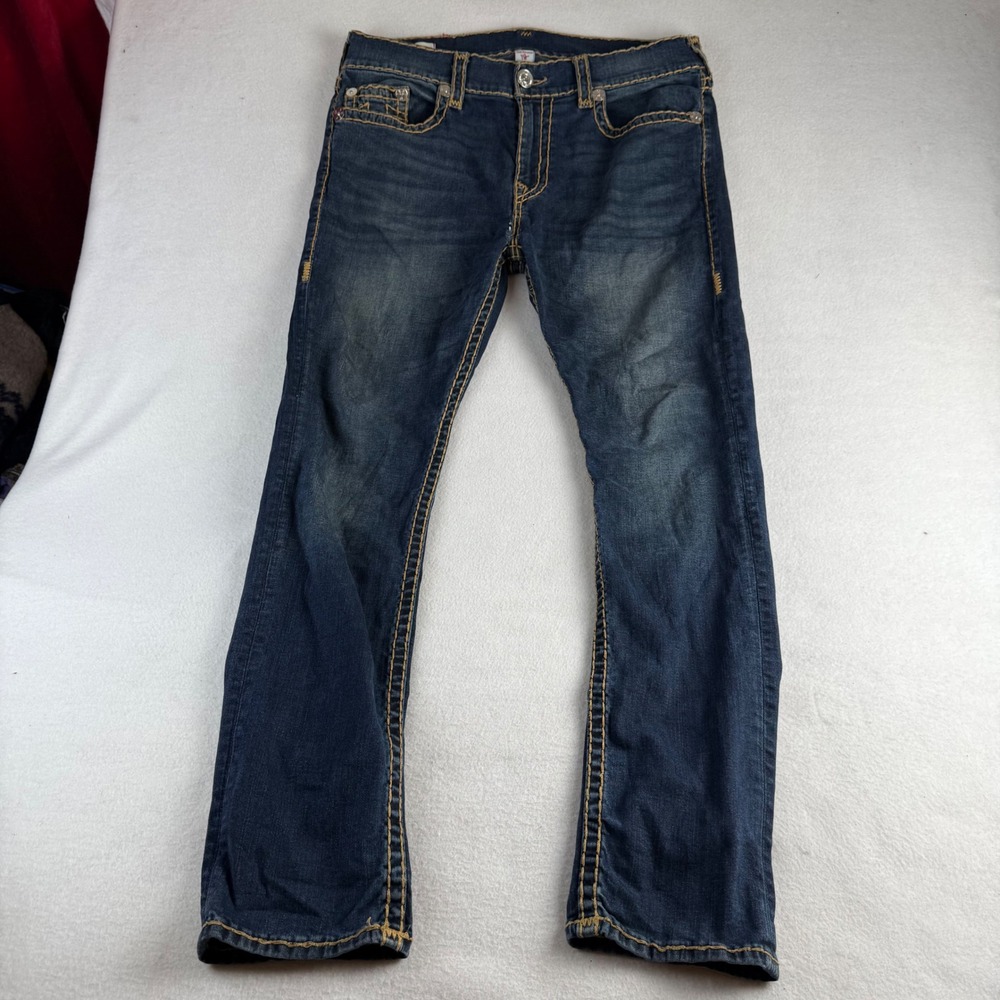 True Religion Rocco Relaxed Skinny Jeans Dark Wash Gold Super T Stitch Mens 36